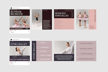 A set of digital visuals presenting social media posts and content layouts for Ballet Divertimento. At the top left, a post displays the text “JEUNESSE RÉCRÉATIF,” “BALLET DIVERTIMENTO,” and an image of two young dancers wearing pink leotards and tutus. Nearby, a visual features a dancer with graphic elements and the text “BALLET DIVERTIMENTO.” A central panel shows “SESSIONS ANNUELLES” with a list including “PETITS – 4 ANS,” “PRÉBALLET – 5 ANS,” “LES PETITS PAS – 6 ANS,” “LES TEMPS LIÉS – 7 ANS,” “LES ARABESQUES – 8-9 ANS,” “LES SAUTS – 10-11 ANS,” and “LES POINTES – 12 ANS ET PLUS.” On the right, a vertical visual presents two young dancers with the text “BALLET DIVERTIMENTO” and “UNE ÉCOLE CHORÉGRAPHIQUE POUR S’ÉPANOUIR PAR LE MOUVEMENT ET LA DISCIPLINE.” At the bottom left, a post displays “INTRO BALLET” and “BALLET DIVERTIMENTO.” In the center, a vertical panel reads “INTRO BALLET” with the list “POSTURE,” “COORDINATION,” “POSITIONS,” “TRAVAIL À LA BARRE,” and “TRAVAIL AU CENTRE.” On the right, an information panel shows “14 COURS DE 75 MINUTES,” “325$ POUR LA SESSION,” “1 COURS PAR SEMAINE,” and “LUNDI, MERCREDI OU SAMEDI.”