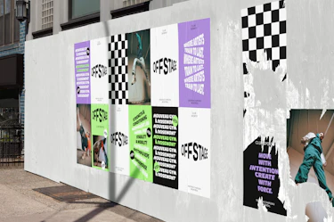 A group of OFFSTAGE Club Sportif posters is displayed on a city wall. The visuals combine black, white, green, and purple typography, checkerboard patterns, and movement photography. Promotional messages and the OFFSTAGE Club Sportif logo appear across the posters.