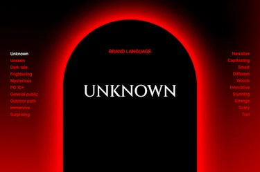Typographic GIF on a black and red background featuring the title “BRAND LANGUAGE” at the top and a glowing red arched shape at the center. The central word animates and changes to display the white-highlighted words from the list, including “Unknown,” “Unseen,” “Dark tale,” “Frightening,” “Mysterious,” “PG 10+,” “General public,” “Outdoor path,” “Scary,” “Surprising,” “Immersive” on the left, and “Narrative,” “Captivating,” “Impressive,” “Smart,” “Different,” “One-of-a-kind,” “Cutting-edge,” “Stunning,” “Strange,” “Shadows,” “Forest and woods” on the right, within the Forest of Shadows experience by Moment Factory.