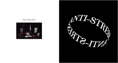Two images side by side. The first image title "THE PROJECT" depicts three Sculpture branded candles displayed on a black background, where we can see a melting clock in the style of Salvador Dalí, a lit candle in a tall glass candle holder, and dark magenta flowers. The second image illustrates the words "ANTI-STRESS" in white letters on a black background, forming a circle.