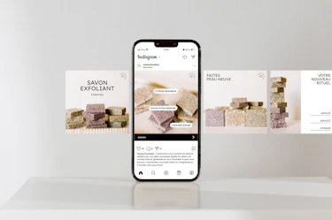 A Marée Instagram carousel mockup promoting exfoliating body soaps, displayed on a smartphone screen alongside the campaign's social media visuals.