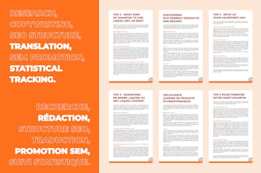 A mockup of 3 French SEO articles and their English translation for Familiprix's website on an orange background. To the left, we can read "Research, copywriting, SEO structure, translation, SEM promotion, statistical tracking" and "Recherche, rédaction, structure SEO, traduction, promotion SEM, suivi statistique"