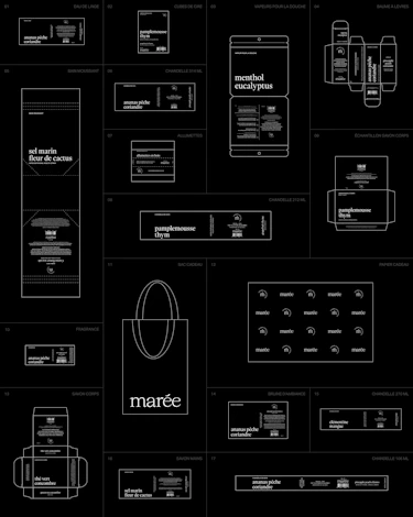 A brand identity system for Marée showcasing packaging designs, labels, dielines, stickers, and branded materials for soy candles, room fragrances, body care products, and gift packaging.