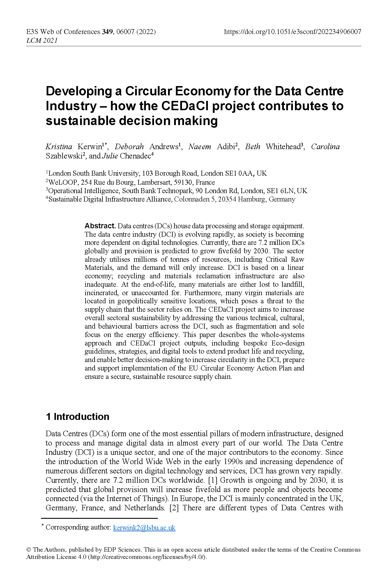 Developing a Circular Economy for the Data Centre Industry: The CEDaCI project