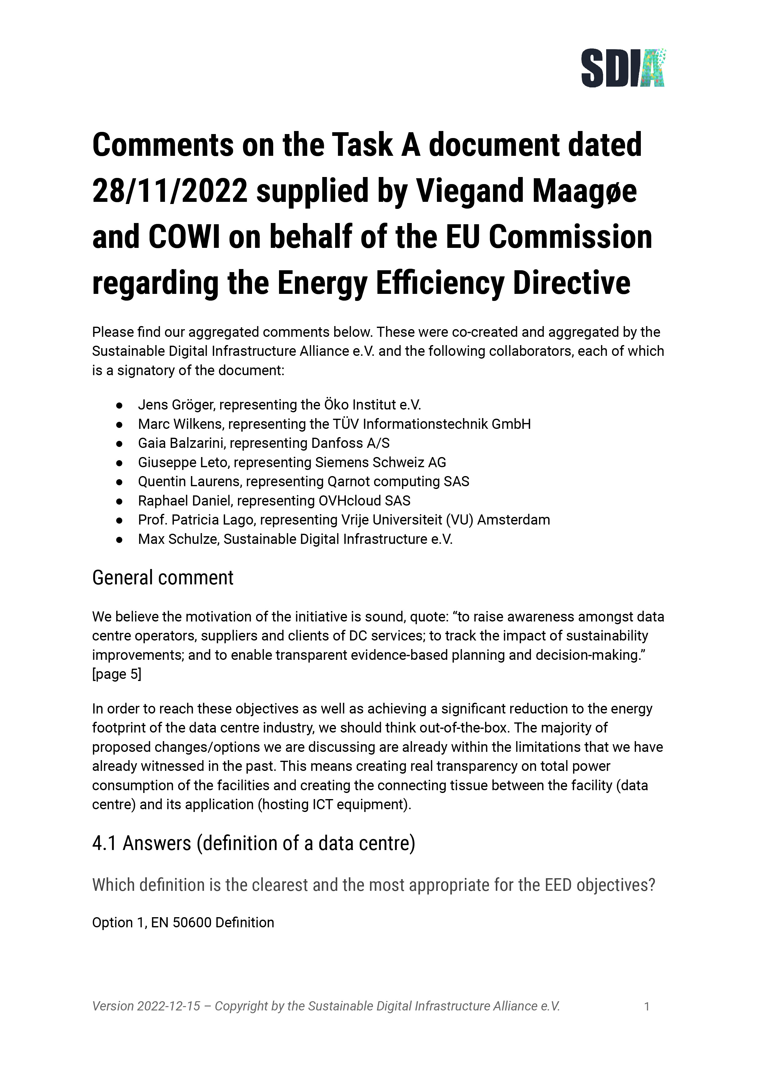 Comments on the Task A document dated 28/11/2022 supplied by Viegand Maagøe and COWI on behalf of the EU Commission regarding the Energy Efficiency Directive