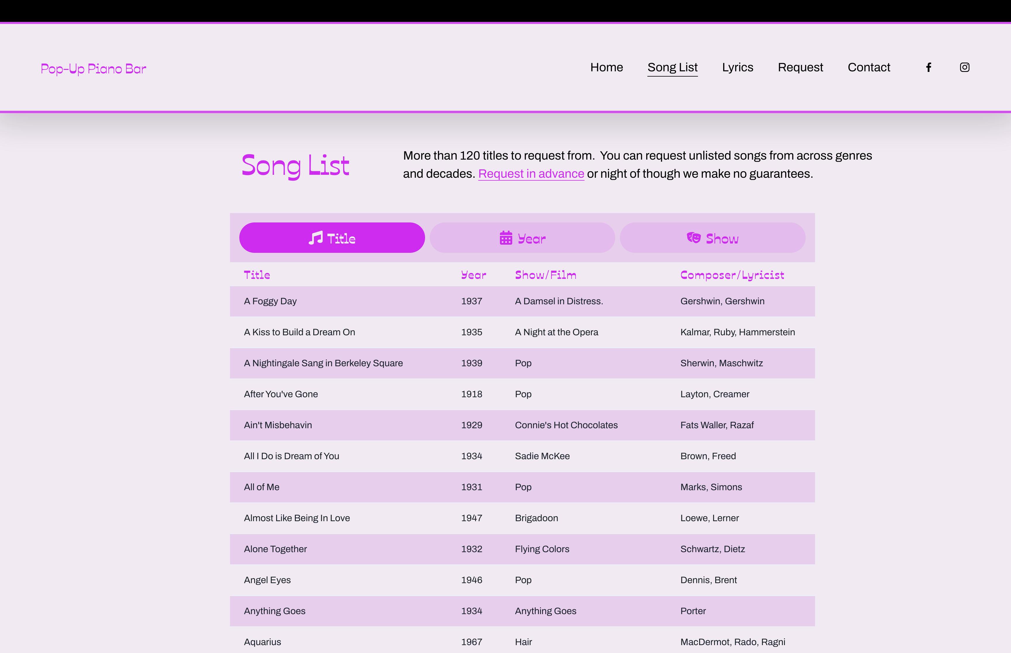 Screenshot of the piano bar song list designed to match the wacky pink site