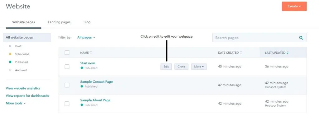 website pages dashboard