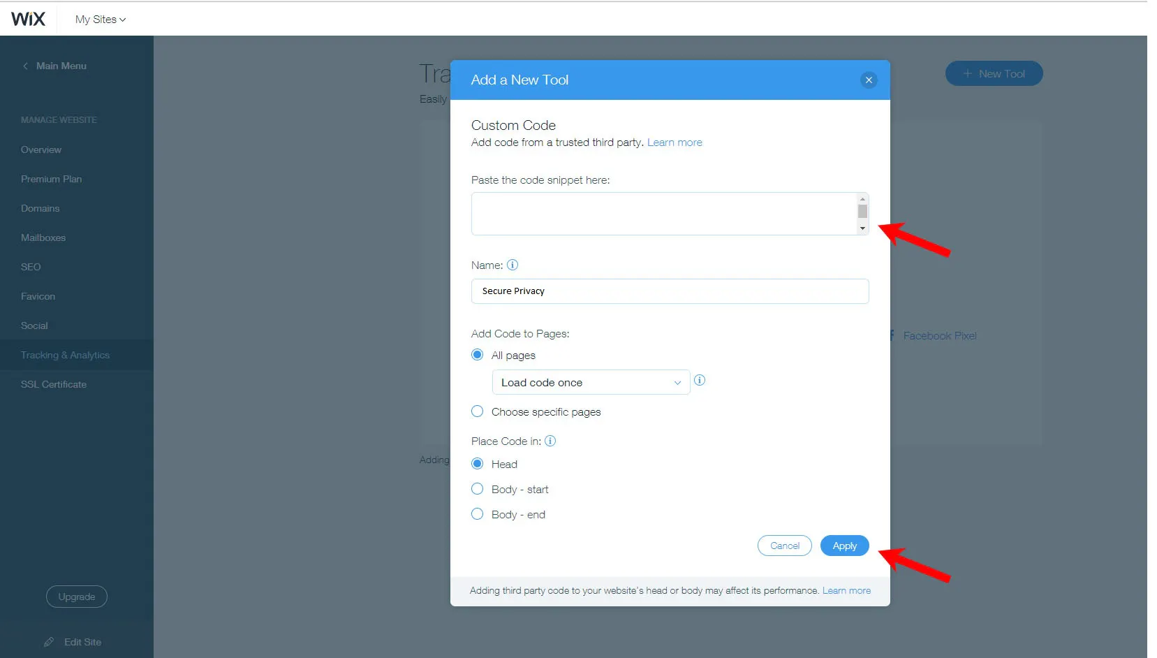 wix dashboard popup