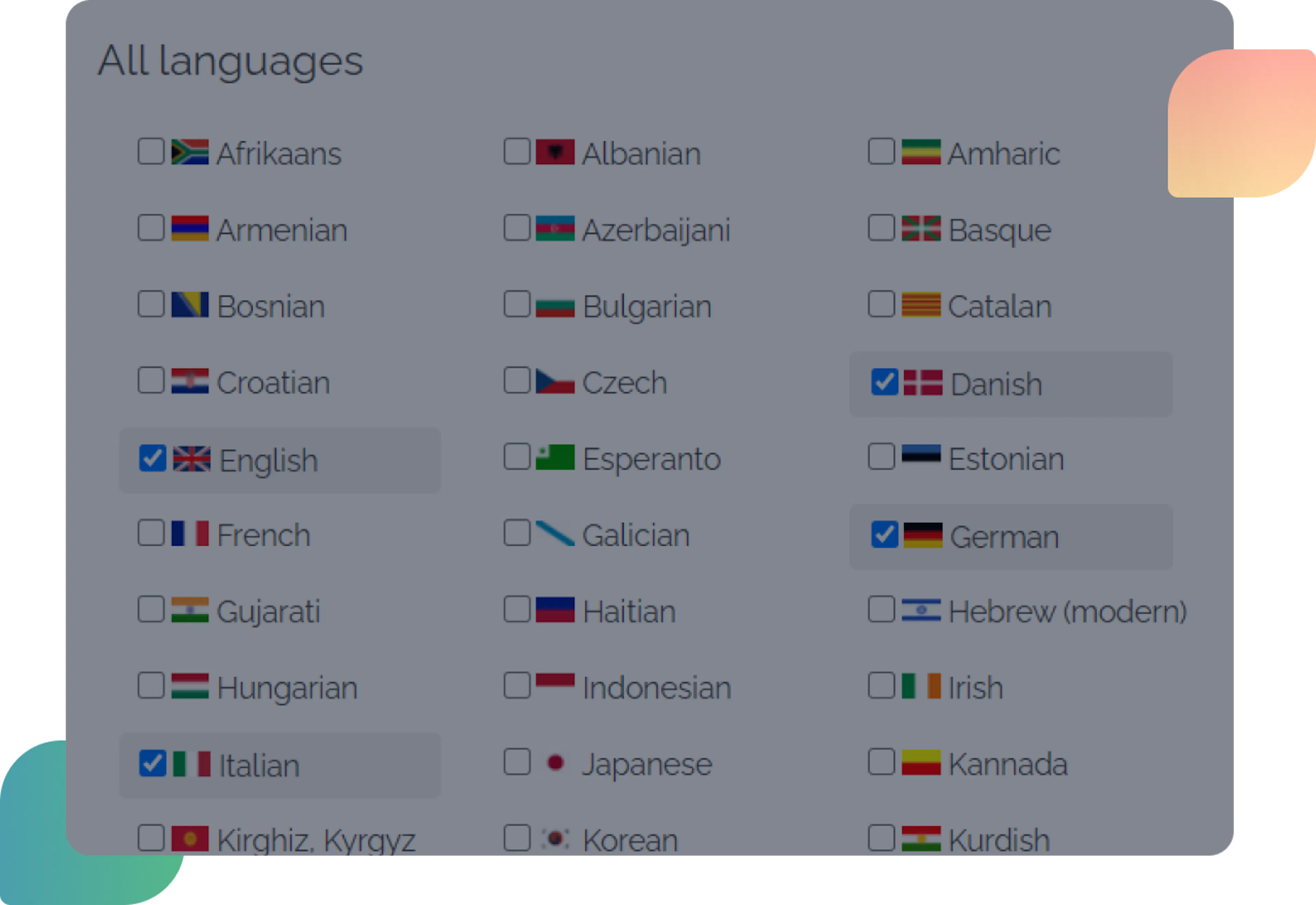 supported languages dashboard