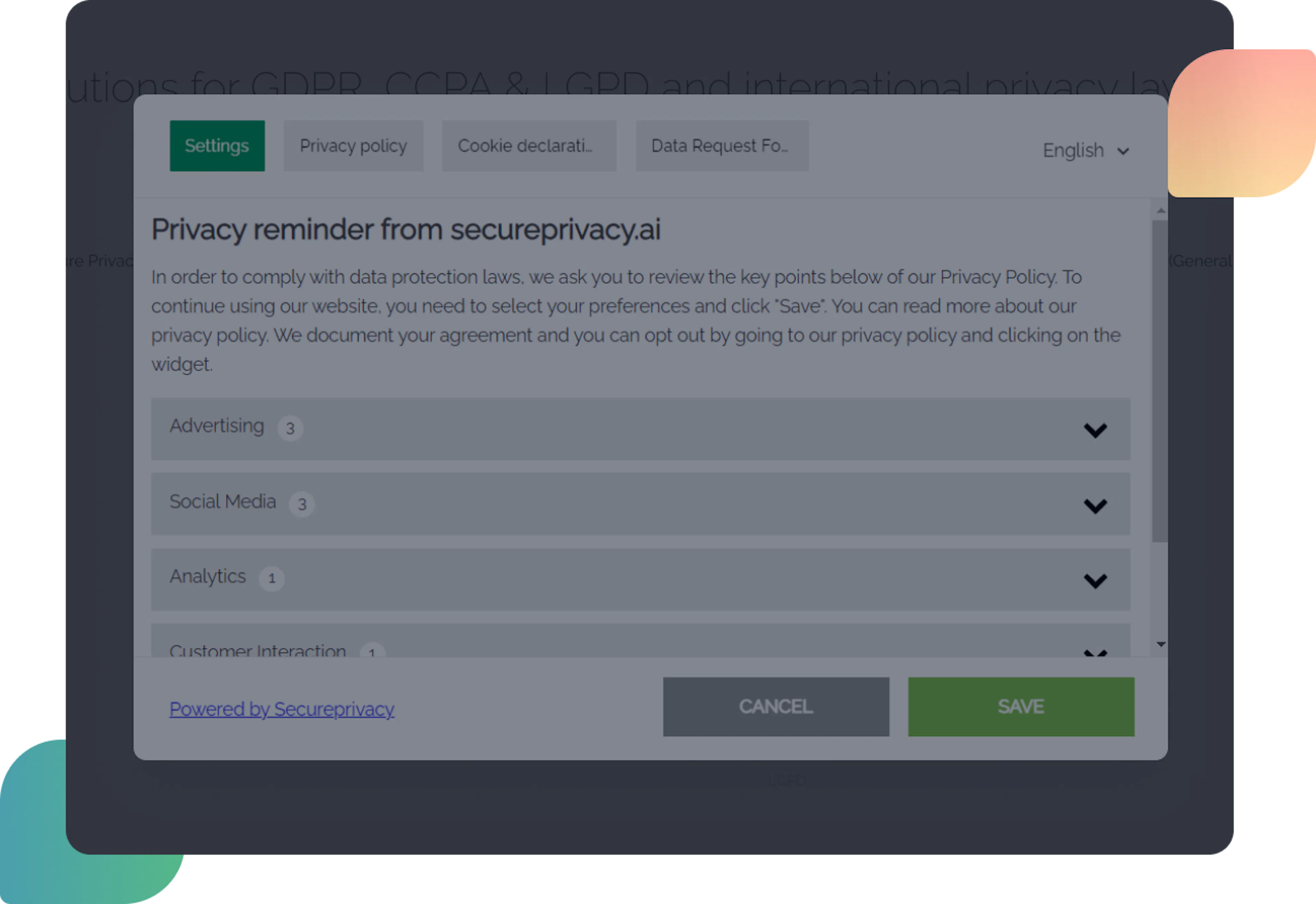 secure privacy preference center panel