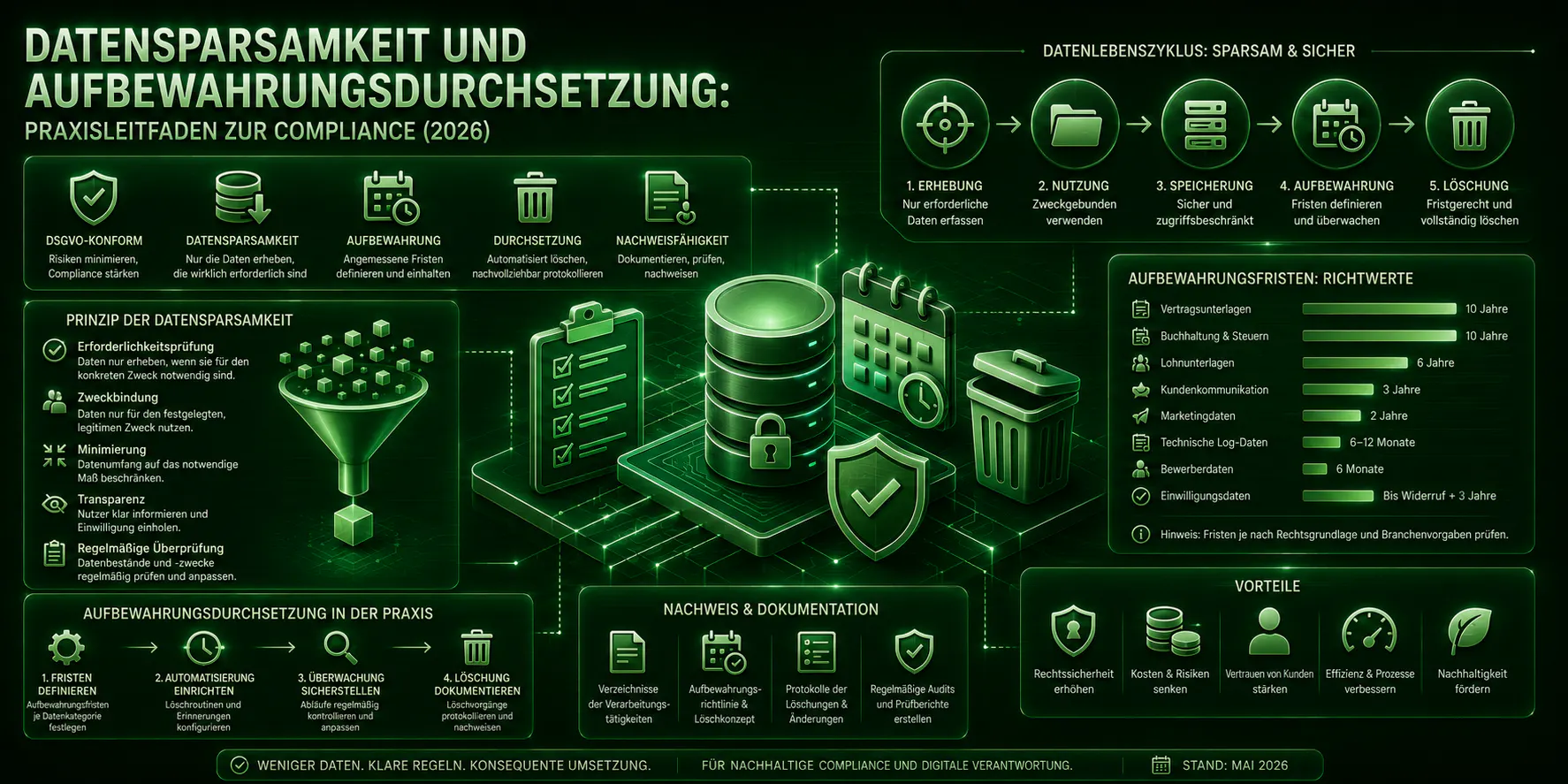 Datensparsamkeit und Aufbewahrungsdurchsetzung: Praxisleitfaden zur Compliance (2026)