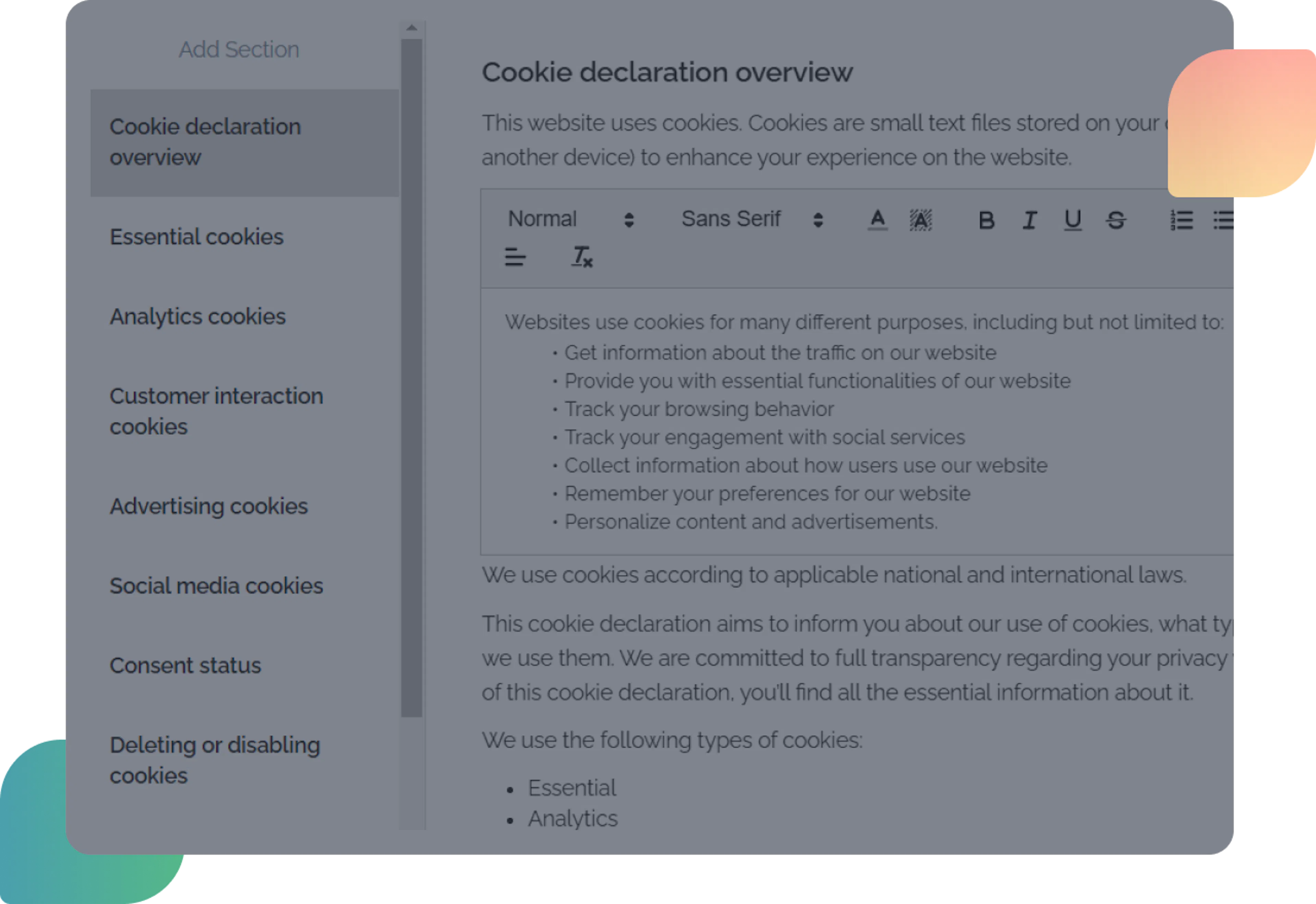 cookie privacy policy generator dashboard