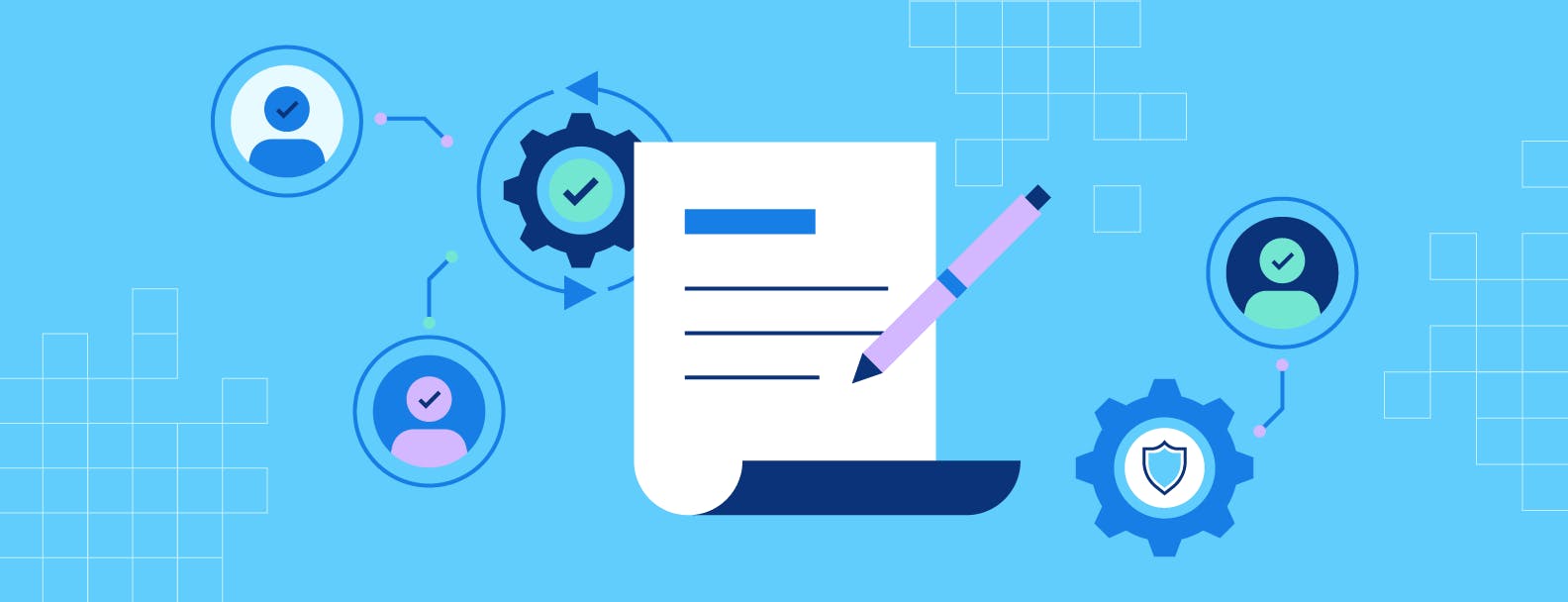 Light blue rectangle with a large paper and pen, illustrations of a shield, checkmark, and people to illustrate a vendor management policy