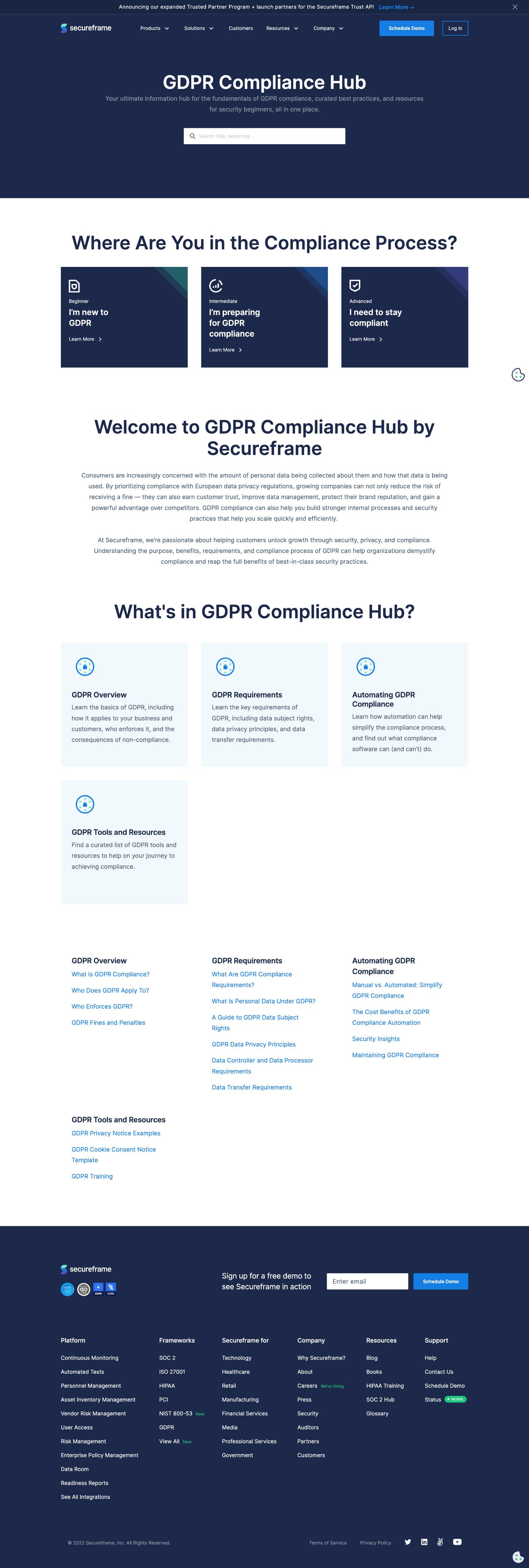 GDPR Hub homepage listing its four categories and all articles contained within each
