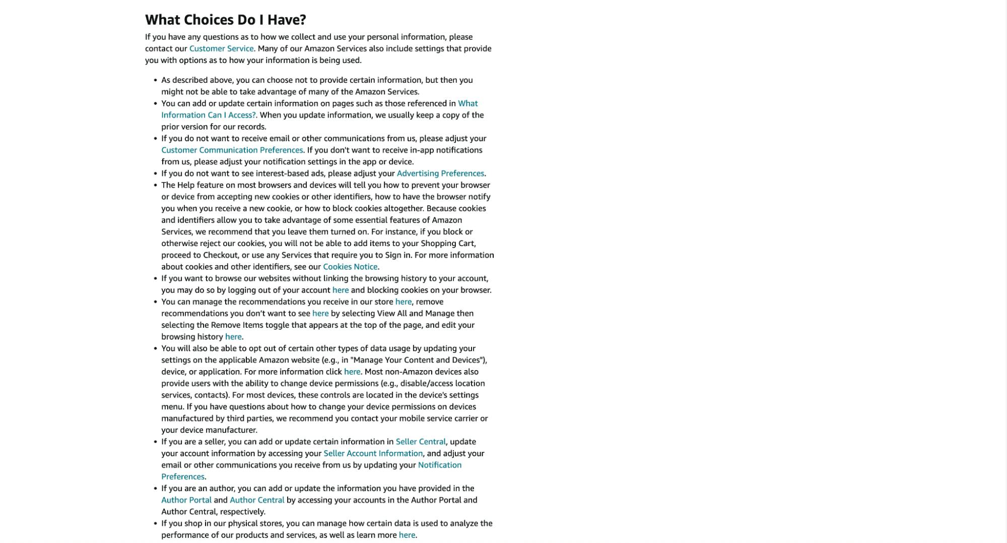 Amazon privacy notice example detailing choices consumers have to protect privacy