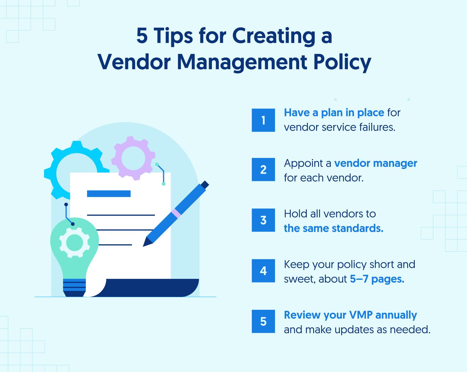 illustration of a lightbulb, paper and pen along with five tips to help you create a vendor management policy