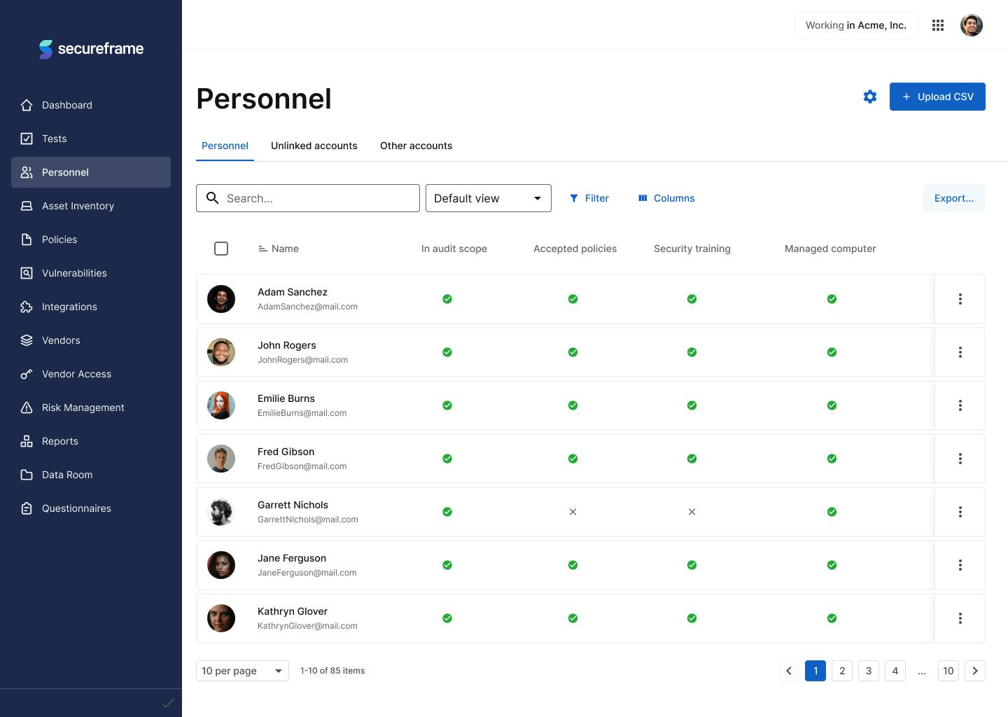 User viewing personnel and whether they've completed onboarding tasks in the Secureframe app