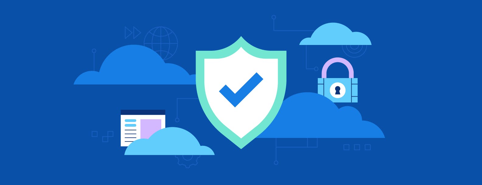 Dunkelblauer Hintergrund mit Symbolen, die Cloud-Compliance darstellen, einschließlich eines Schilds mit einem Häkchen, Wolken, Schloss und einem Computerbildschirm.