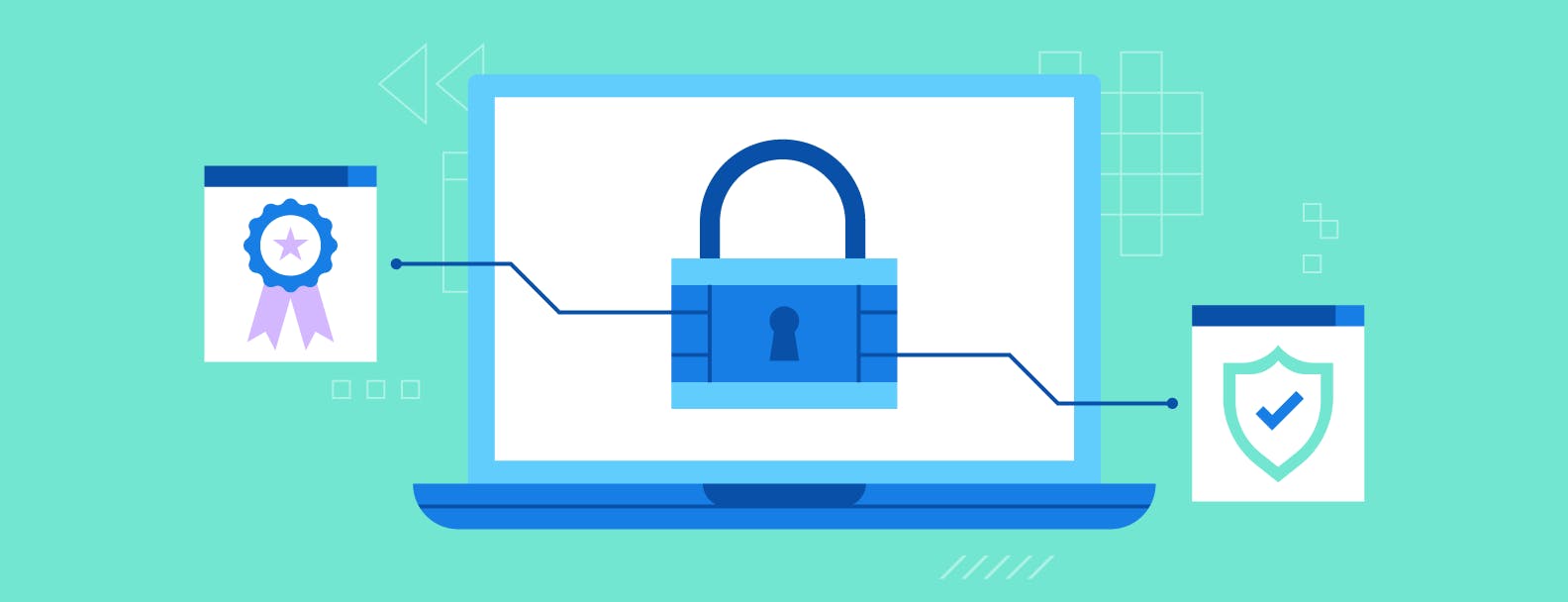 An illustrated blue padlock on a laptop with lines connecting it to a ribbon and a security shield