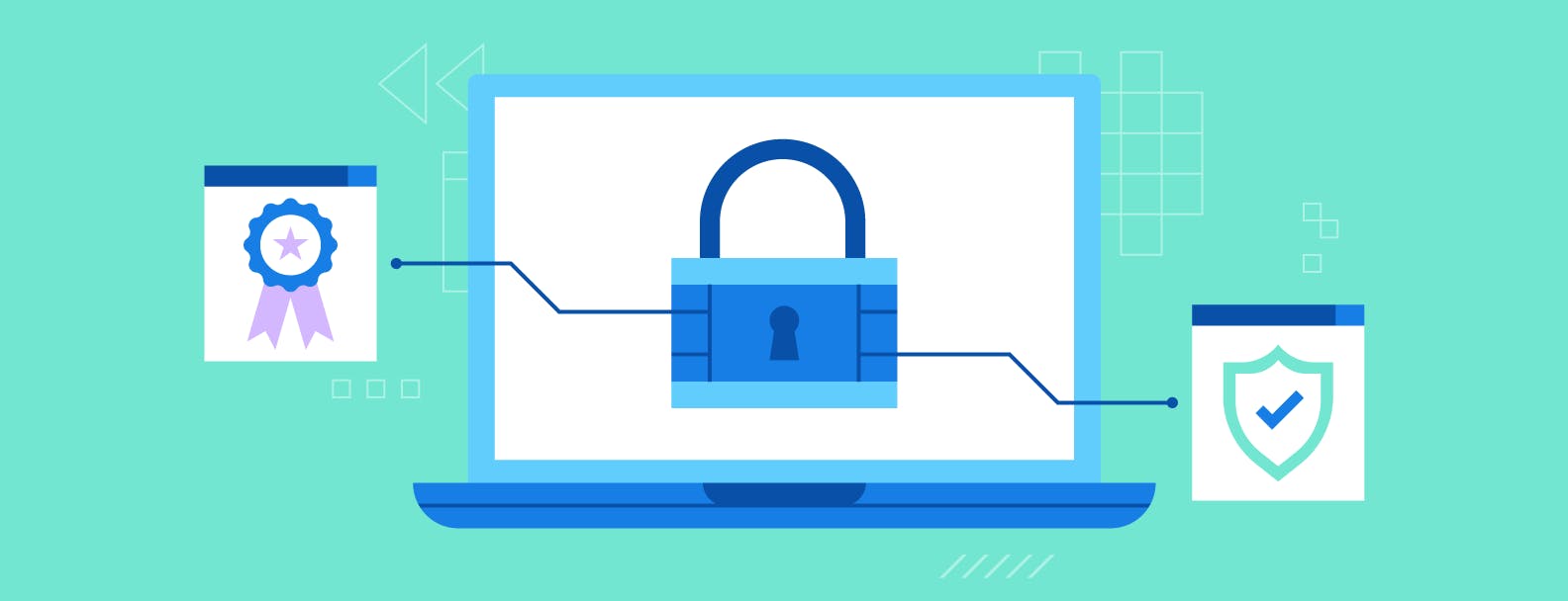 Un candado azul ilustrado en una computadora portátil con líneas que lo conectan a una cinta y un escudo de seguridad