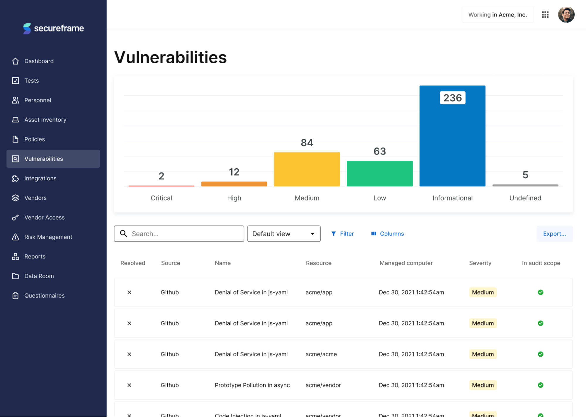 User viewing vulnerabilities in Secureframe app