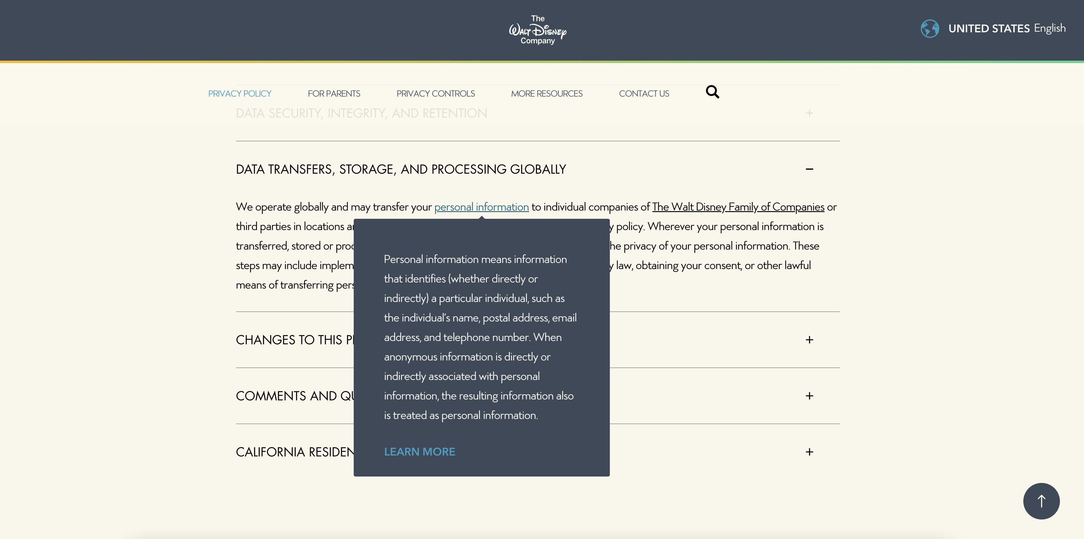Walt Disney privacy policy example with popup box defining "personal information"