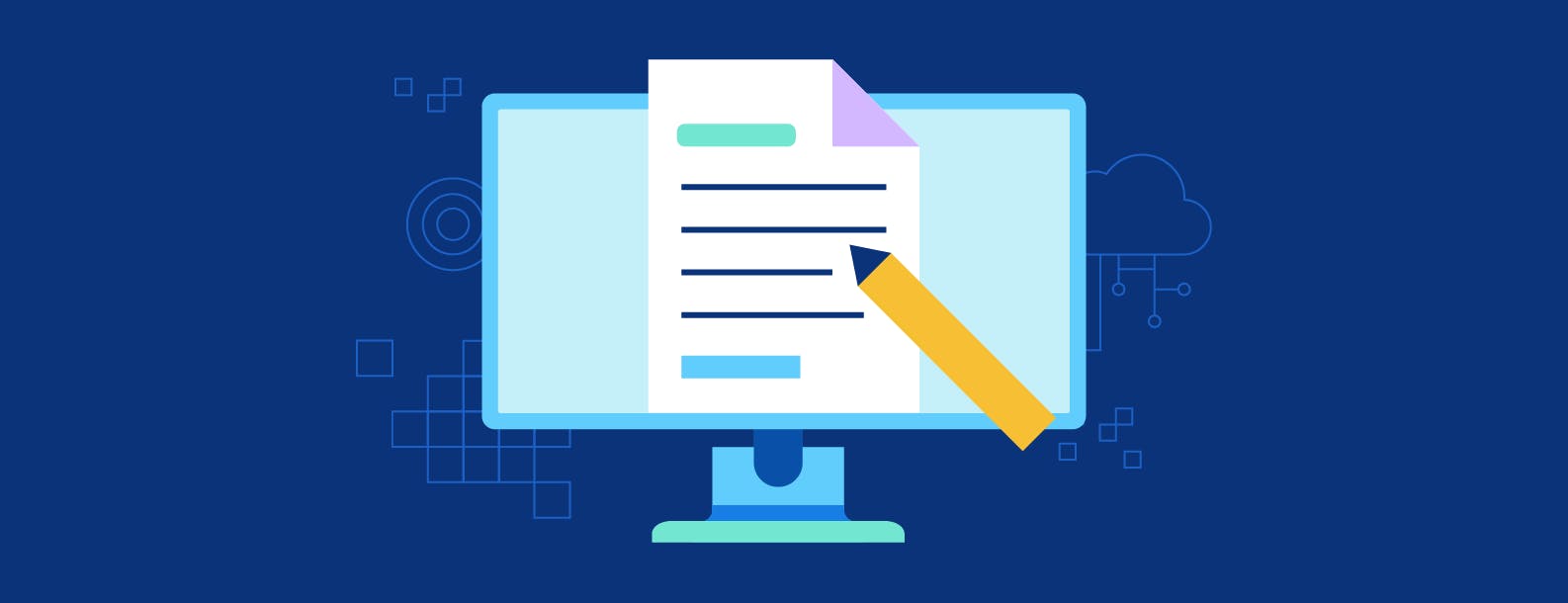 Illustration of a computer screen with a document and a pencil in front of a dark blue background