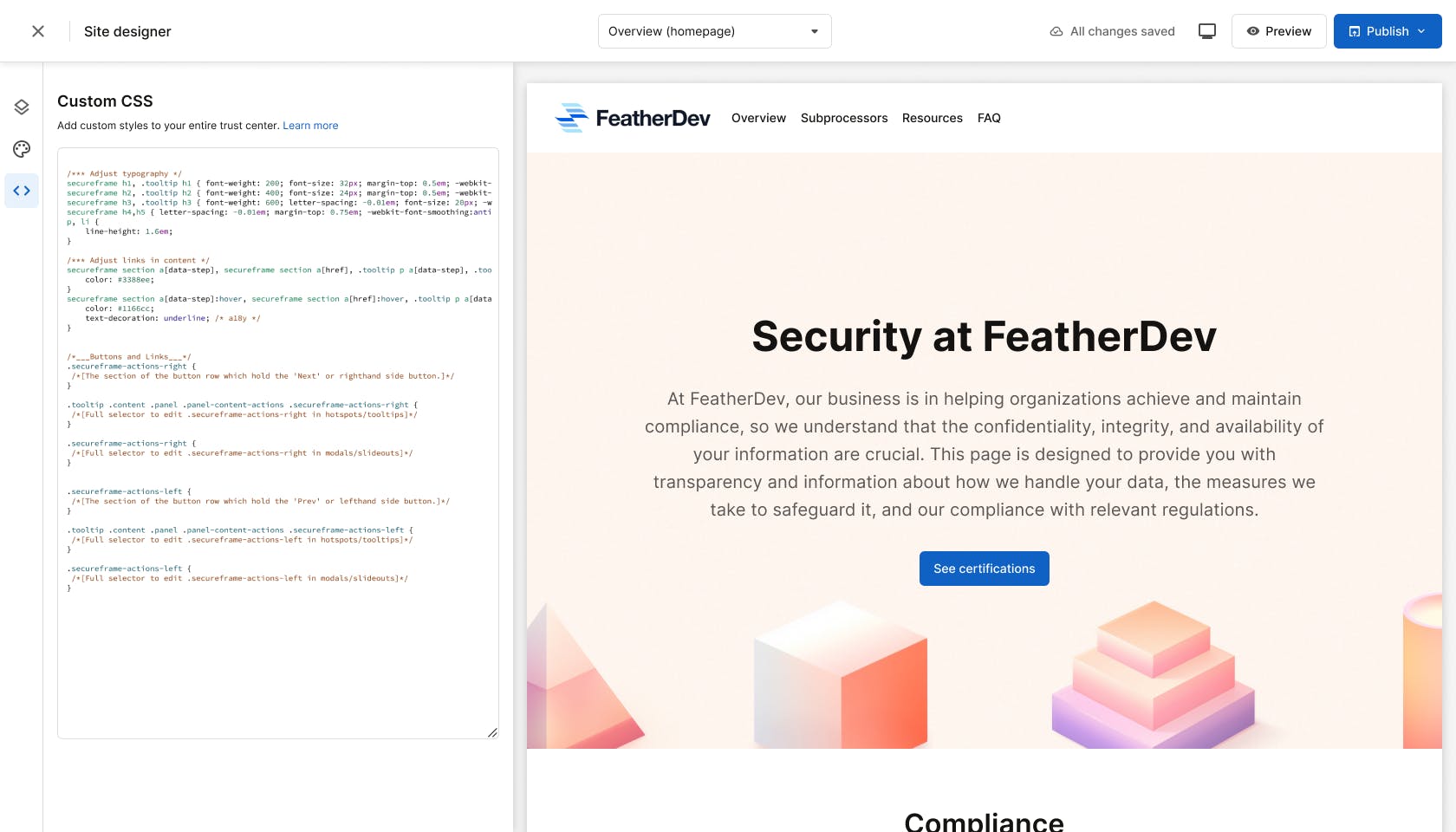 FeatherDev user customizing their Trust Center page with custom CSS