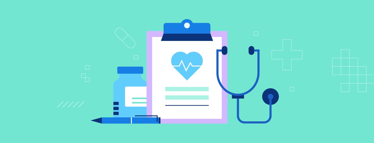 Icons of a doctor's chart, stethoscope, and pill bottle in front of a teal background depicting healthcare compliance. 