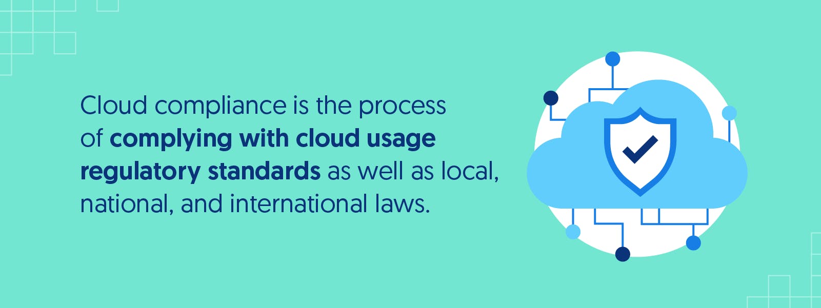 Teal background with text that defines what cloud compliance is next to an icon of a cloud and security shield. 
