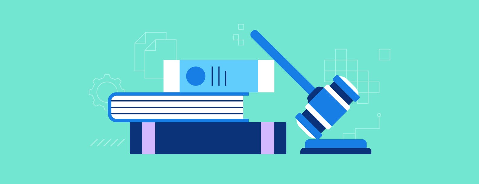 Teal background with icons of stacked books and a gavel leaning on the book stack depicting compliance risk. 