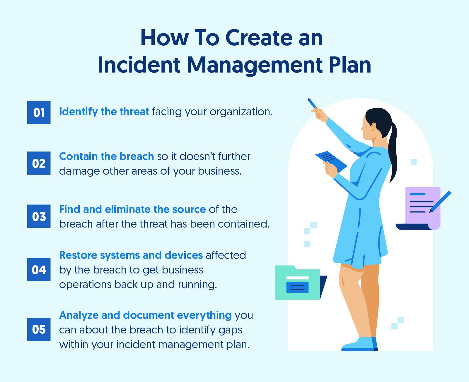 Illustration of a woman in blue dress and blue shoes reading a tablet and taking notes on how to create an incident management plan.