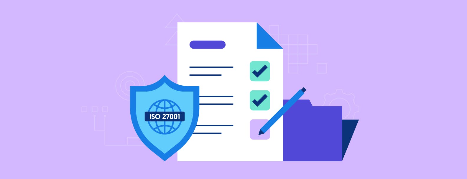 Illustration of an ISO 27001 checklist and an ISO 27001 shield in front of a light purple background