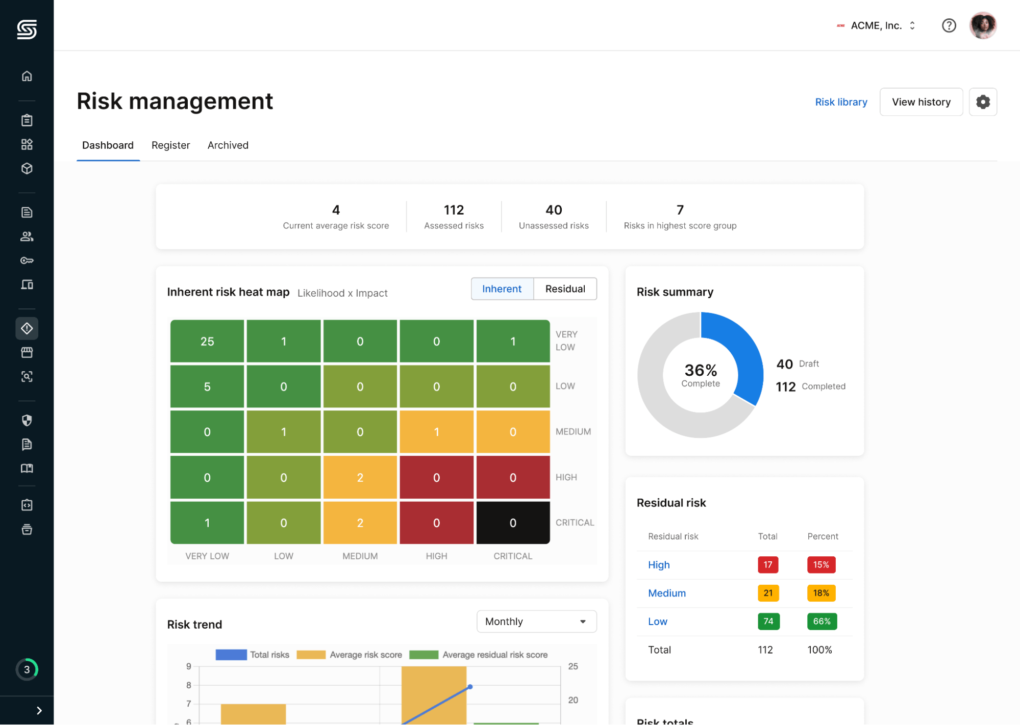 Risk management dashboard in Secureframe app showing inherent risk heat map, risk summary, residual risk, and risk trend