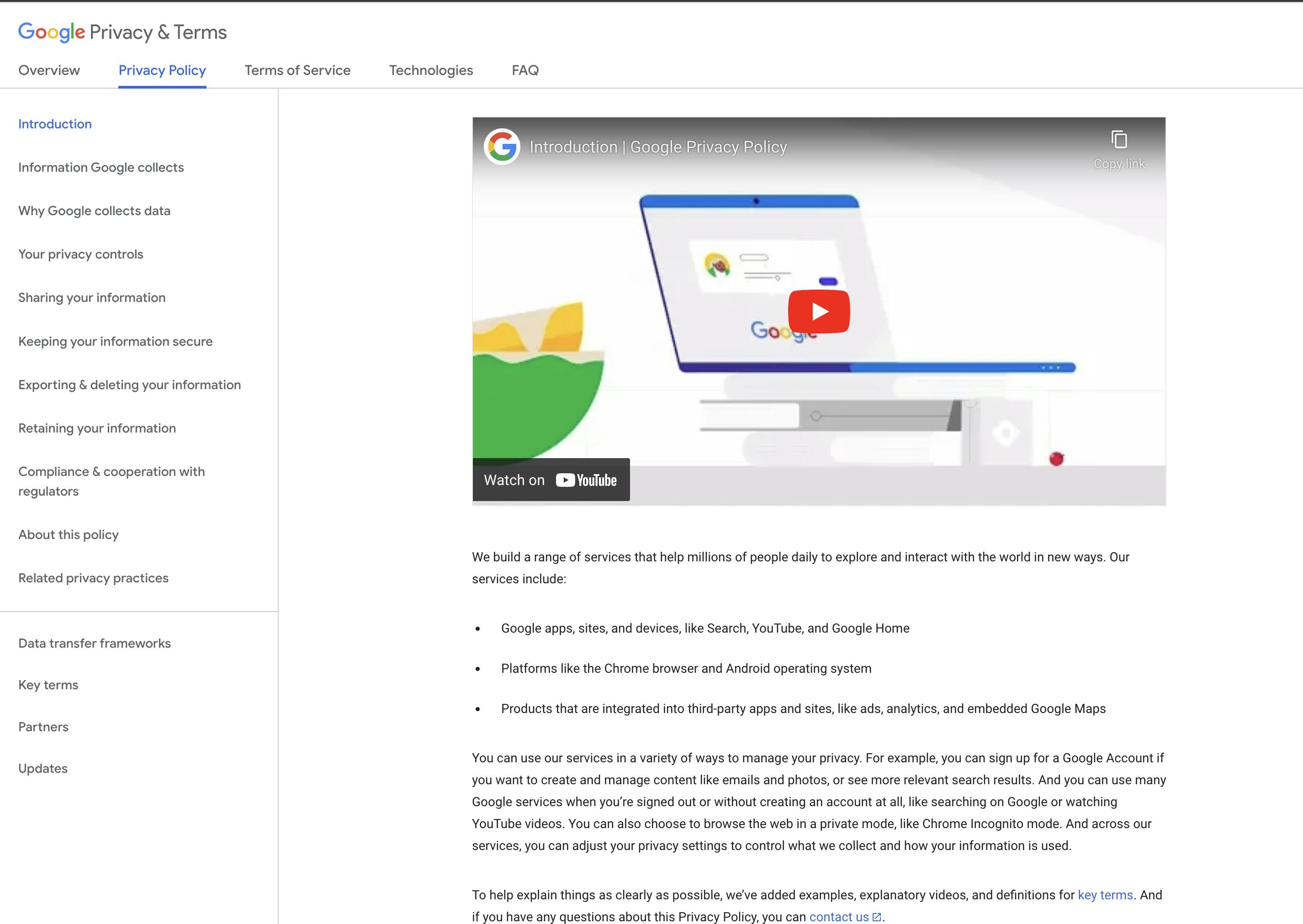 Google Privacy Policy example with video explaining what a privacy policy is
