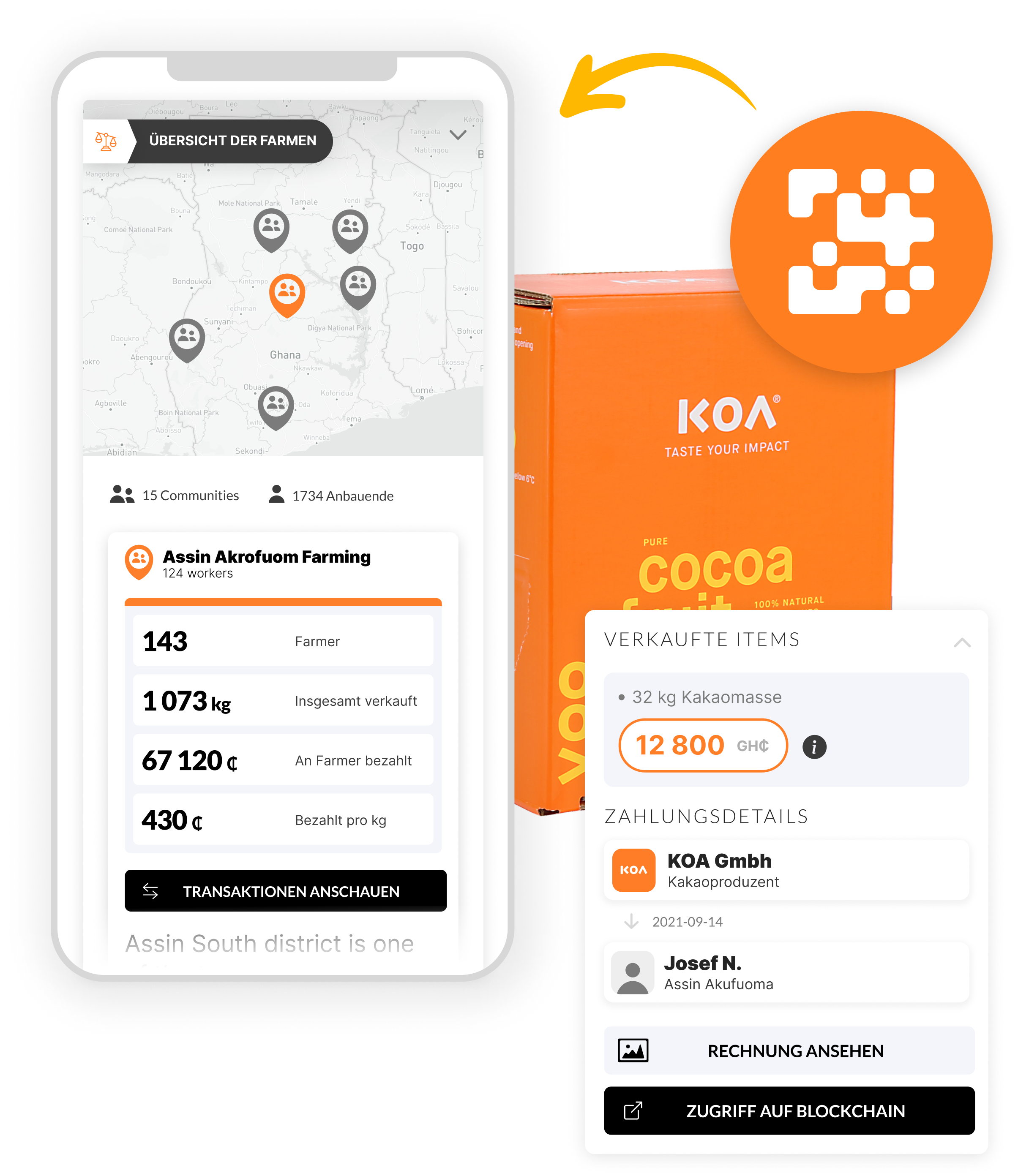 Produktseite unseres Partners Koa mit dem Seedtrace Produkt-Tracing über die Blockchain.
