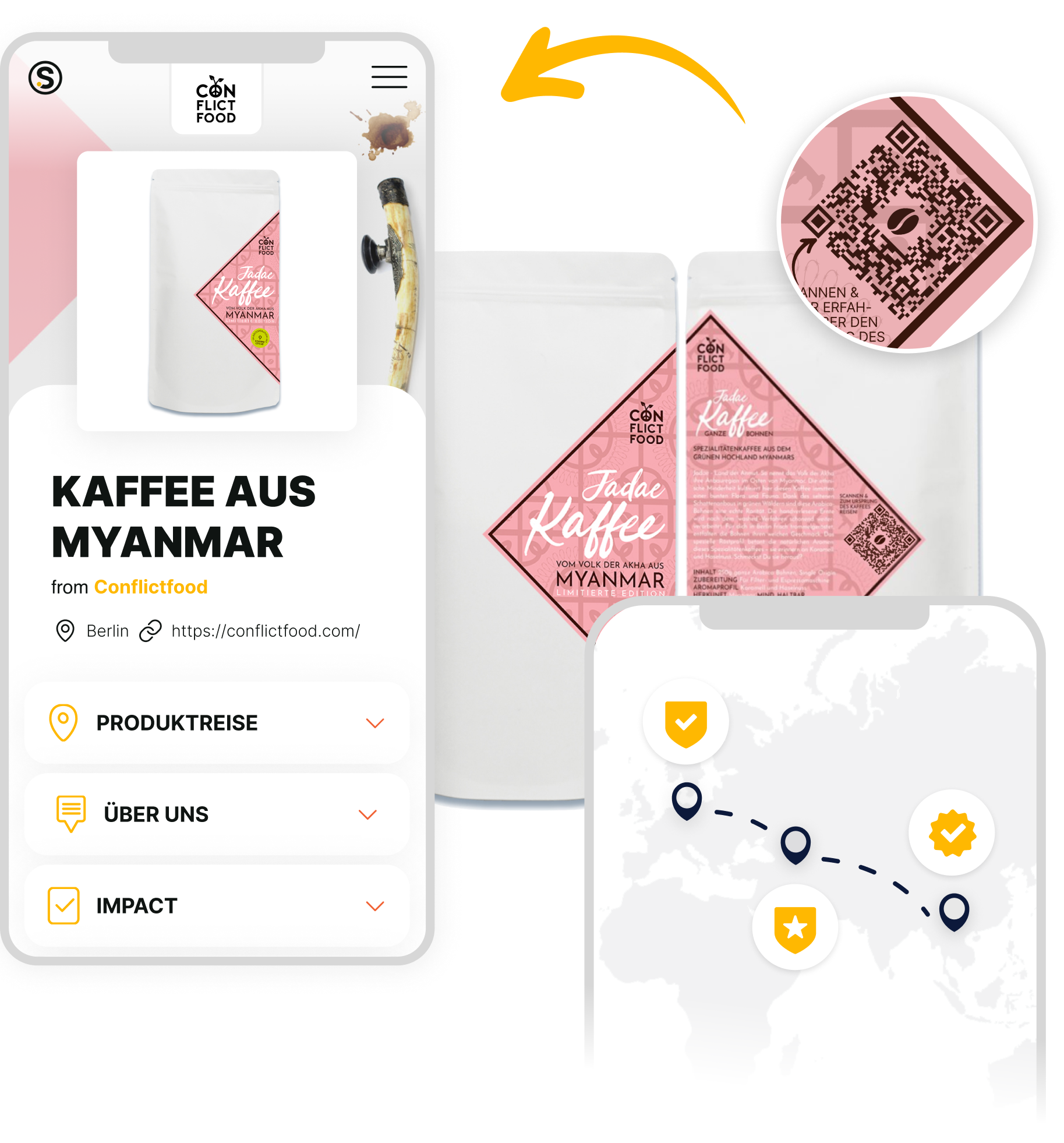 Produktverpackung unseres Kunden Conflictfood mit QR-Code, der zu der dargestellten Produktseite mit interaktiver Reise entlang der nachhaltigen Lieferkette verlinkt.