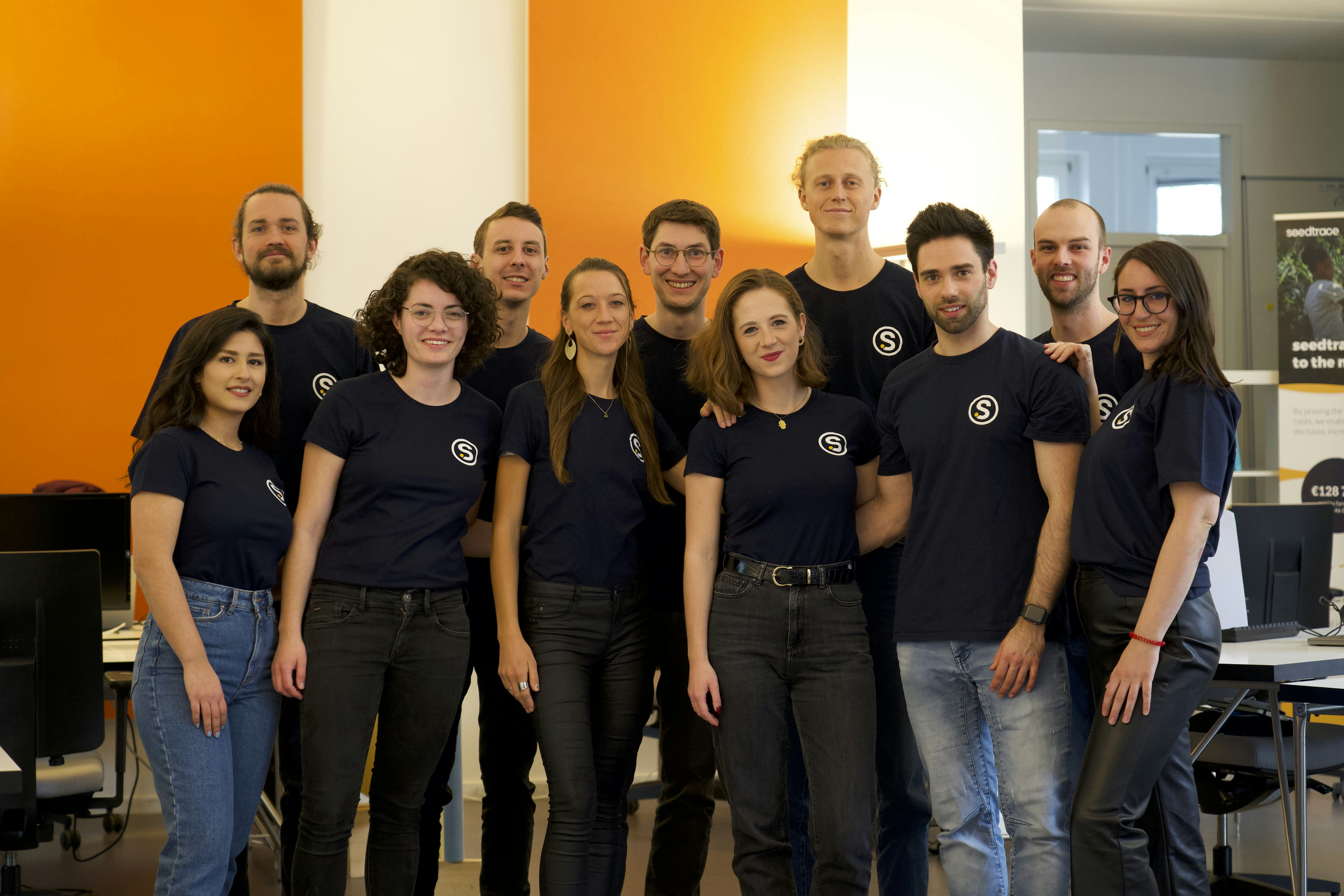 Team photo of all 11 team members, all wearing their Seedtrace tshirts