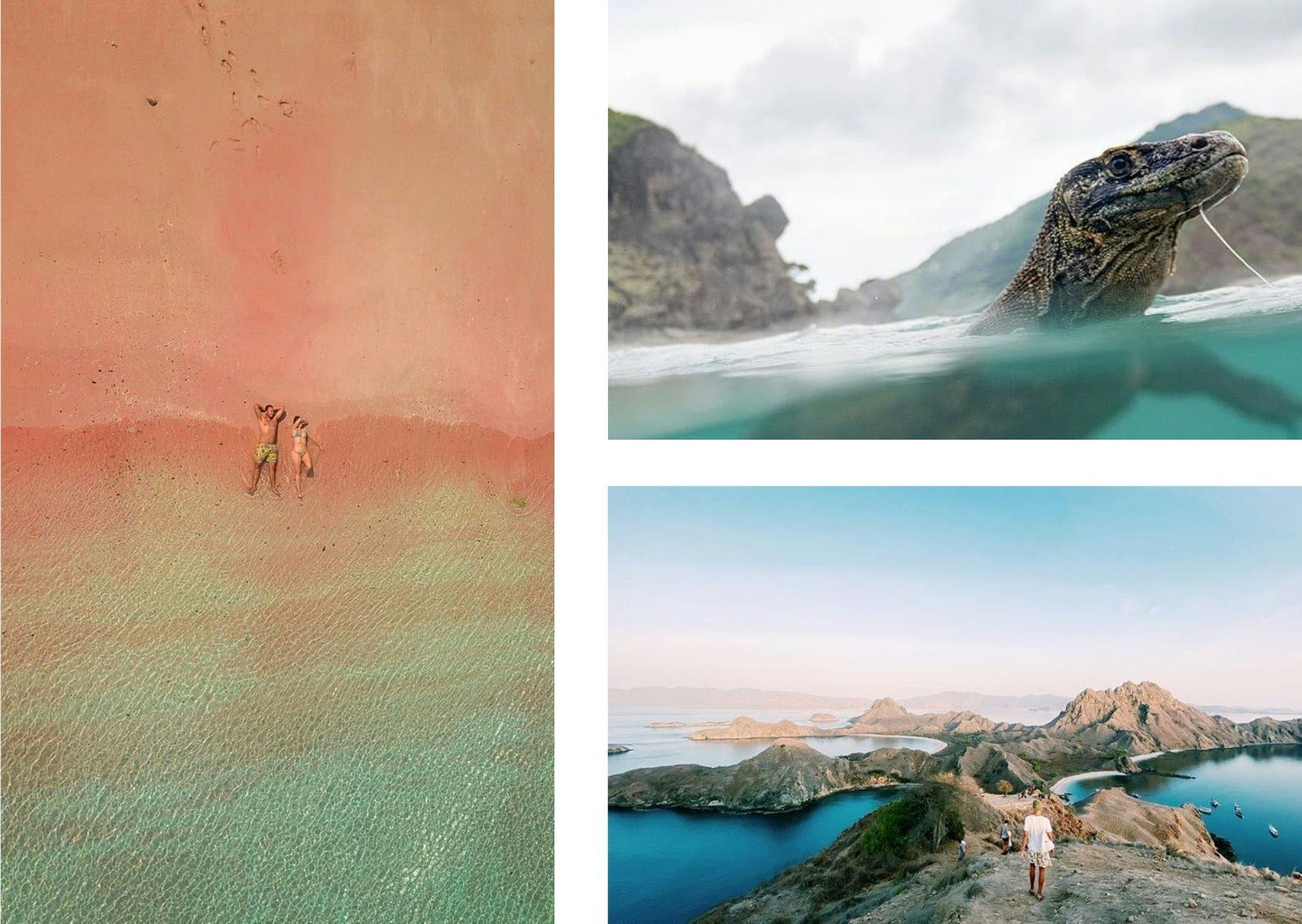 On 99% of island-hopping itineraries: Pink Beach (left), Komodo Dragons (top right), and Padar Island (bottom right)