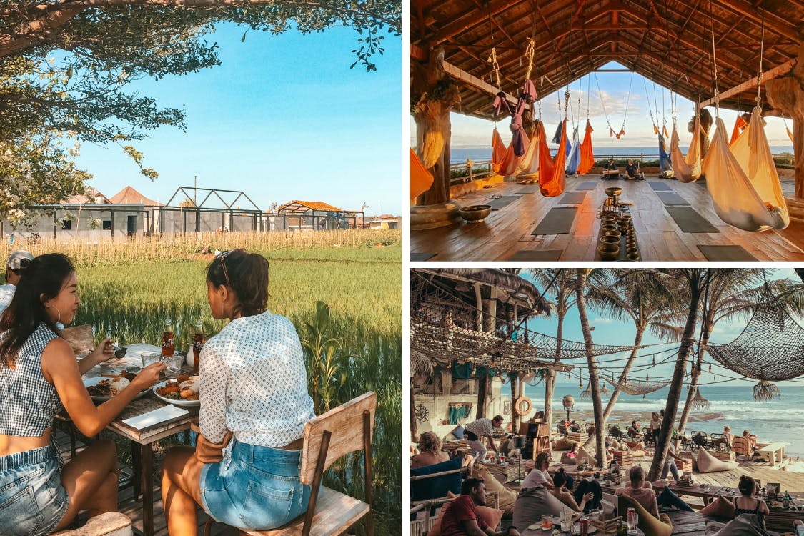 Come to Canggu for aesthetic cafes, yoga, crowded beach clubs and beginner surfing.