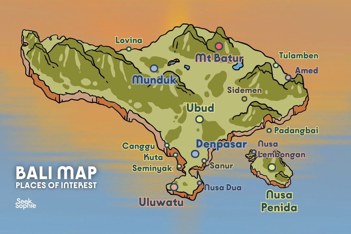 Map of Bali's key areas of interest.
