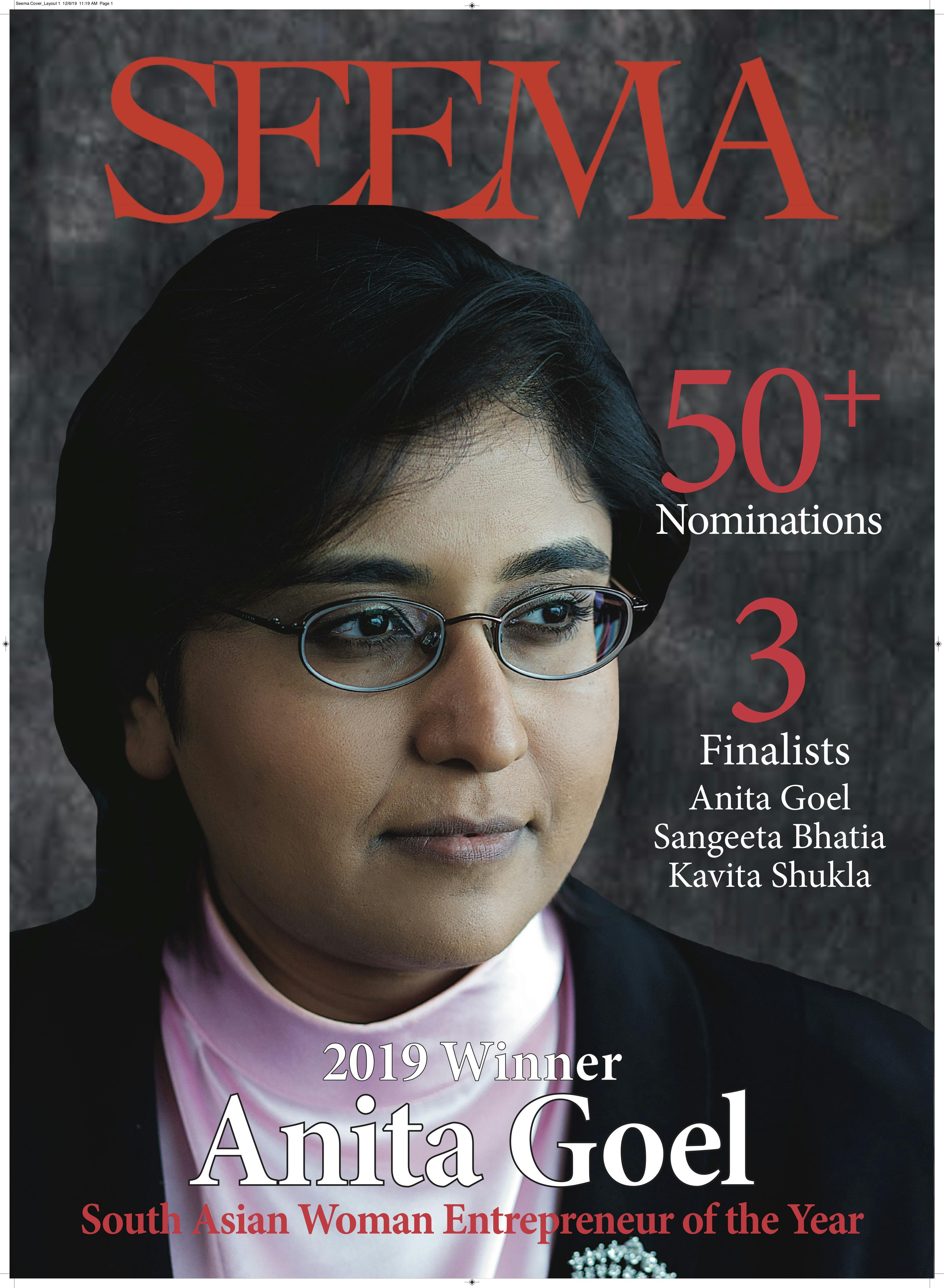 Dr. Anita Goel wins SEEMA Woman Entrepreneur of the Year Award 2019. Dr. Anita Goel. SEEMA Magazine. SEEMA woman entrepreneur. Boston Tie Gala. Nanobiosym.