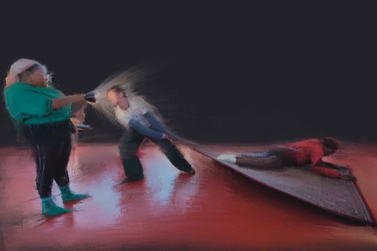2 Black women, 1 White non-binary person, in a digitally painted image. The floor is red with a carpet a black woman holds the edges of, whilst a white non-binary person pulls them towards the second woman, who shines a lamp beaming light at the other 2.