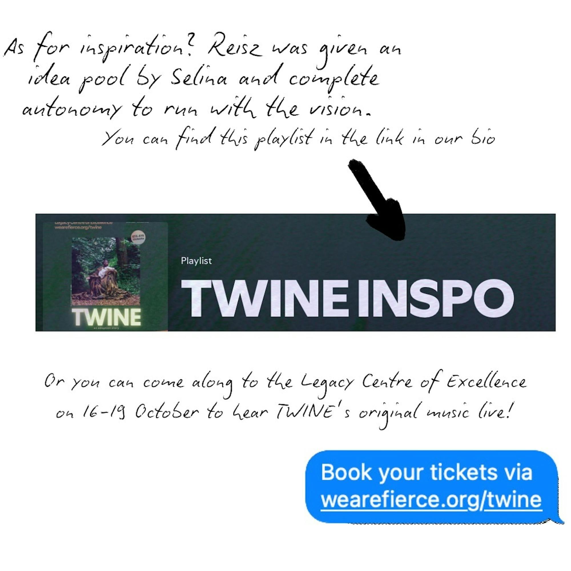 Text reads "As for inspiration? Reisz was given an idea pool by Selina and complete autonomy to run with the vision. You can find this playlist in the link in our bio. Or you can come along to the Legacy Centre of Excellence on 16-19 October to hear Twine's original music live!