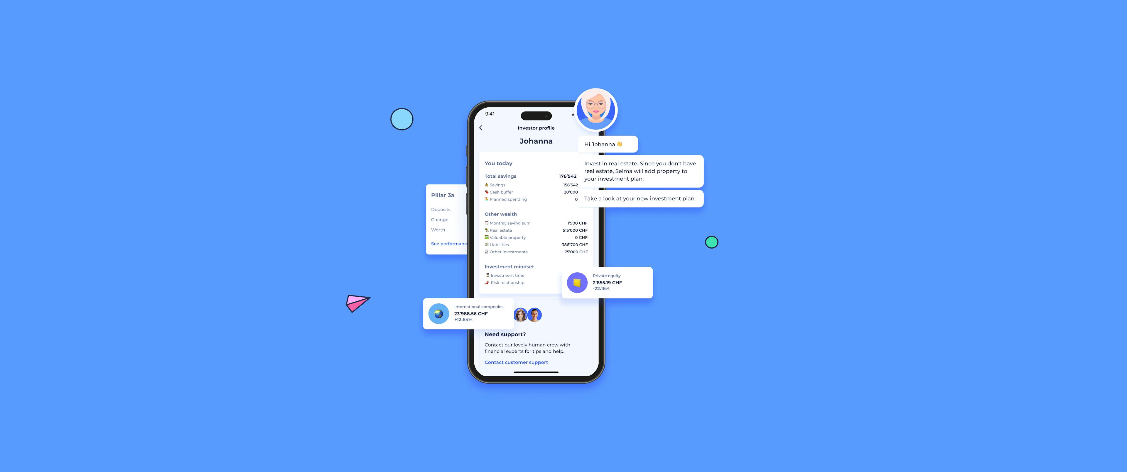 Selmas Investment-App dargestellt auf einem blauen Hintergrund