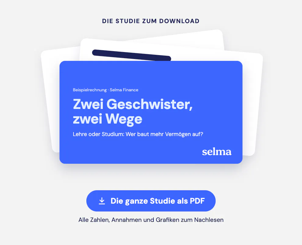 Vorschau der Studie «Zwei Geschwister, zwei Wege» von Selma Finance als PDF: Titelseite mit zwei Seiten im Hintergrund und ein Button zum Herunterladen.