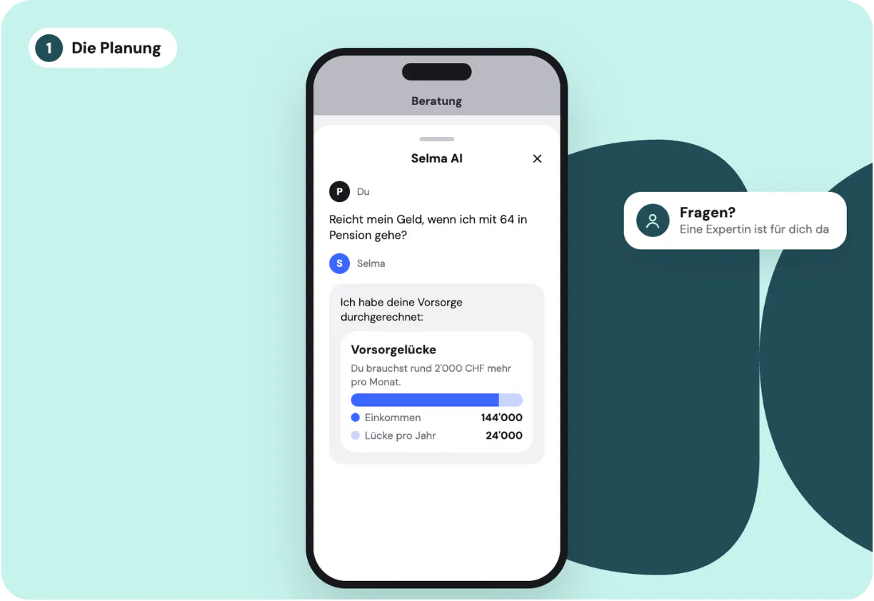 Selmas KI-gestützte Pensionsplanung in der App: Der digitale Finanzassistent berechnet die persönliche Vorsorgelücke und bietet Unterstützung durch Schweizer Finanzexpert.