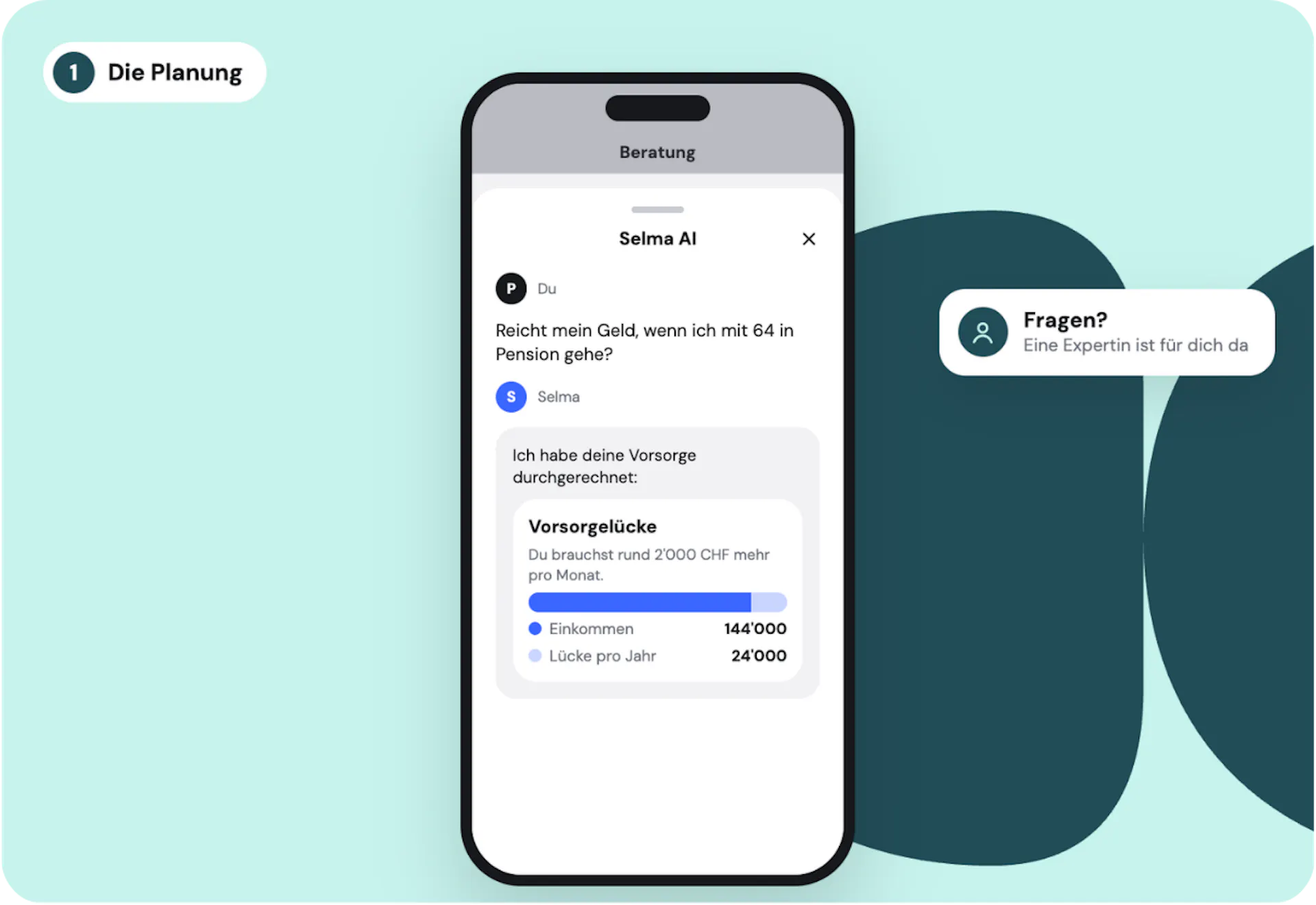 Selmas KI-gestützte Pensionsplanung in der App: Der digitale Finanzassistent berechnet die persönliche Vorsorgelücke und bietet Unterstützung durch Schweizer Finanzexpert.