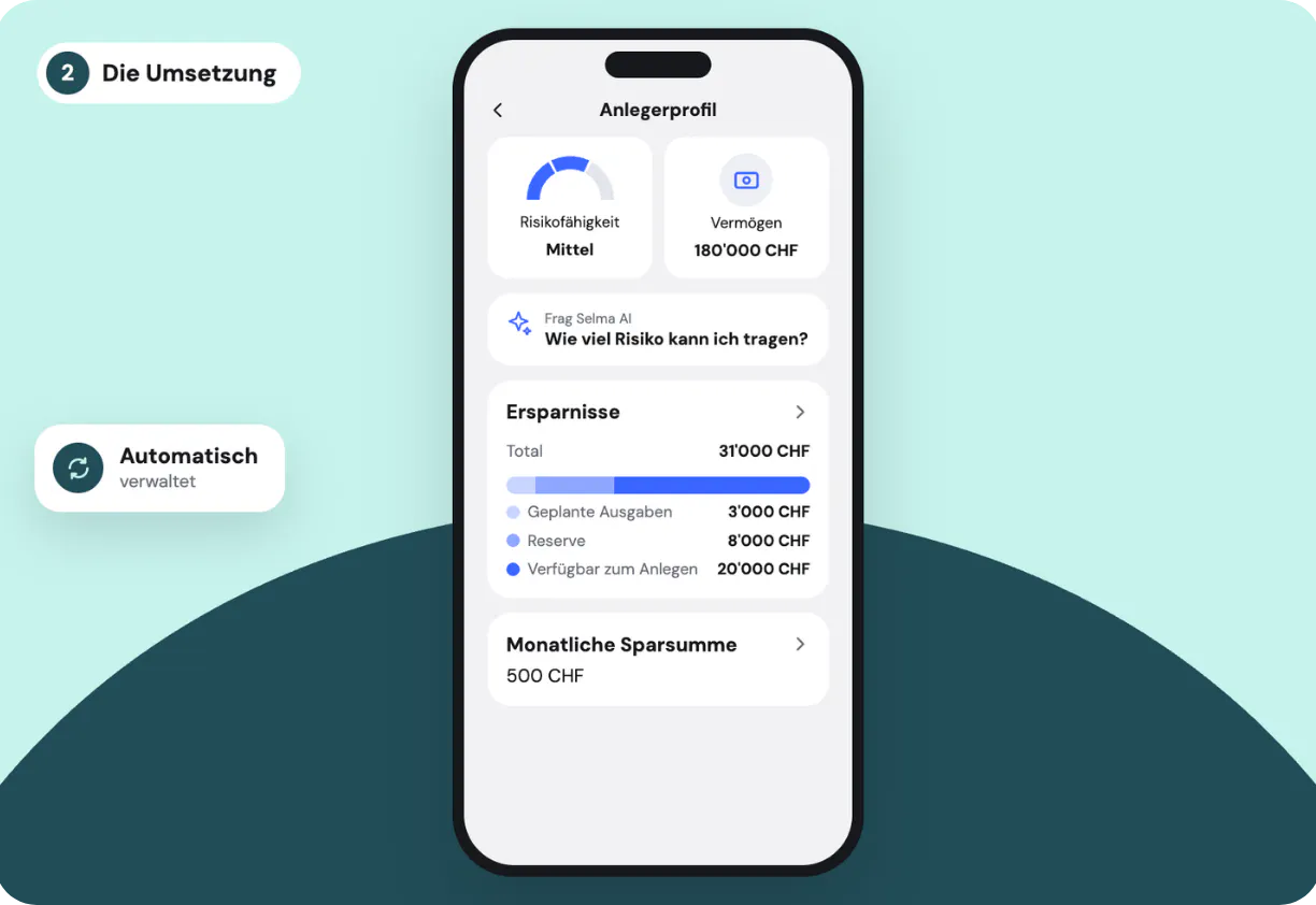 Selmas automatisierte Vermögensverwaltung in der App: Das persönliche Anlegerprofil zeigt die Risikofähigkeit, das Vermögen sowie die Aufteilung der Ersparnisse und die monatliche Sparsumme.