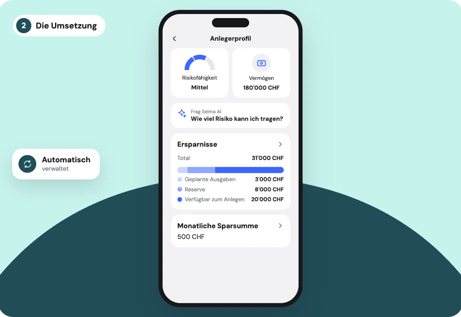 Selmas automatisierte Vermögensverwaltung in der App: Das persönliche Anlegerprofil zeigt die Risikofähigkeit, das Vermögen sowie die Aufteilung der Ersparnisse und die monatliche Sparsumme.